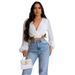 Women's Belted Lantern-Sleeve Cropped Jacket – Adjustable Waist Wrap Top For Autumn Winter (White/Black, S-L)_ecoleips.com