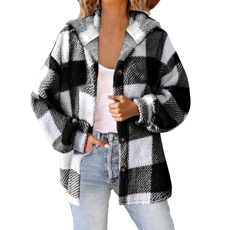 Printed Plaid Hooded Button Jacket Plush Warm Coat Women's Top Wholesale_ecoleips.com