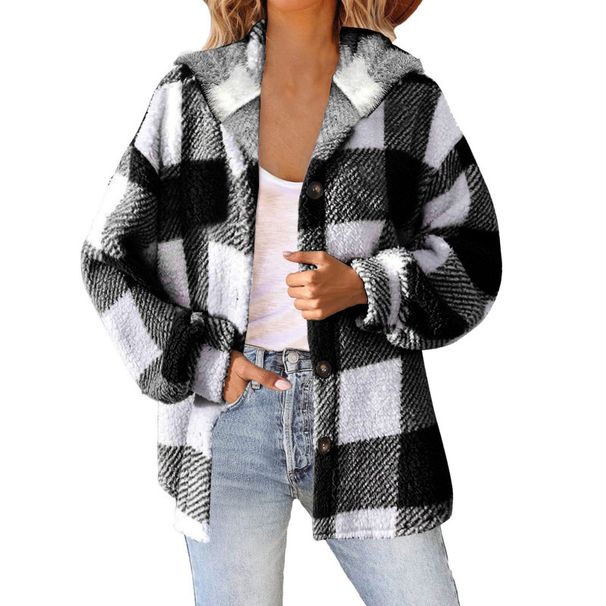 Printed Plaid Hooded Button Jacket Plush Warm Coat Women's Top Wholesale_ecoleips.com