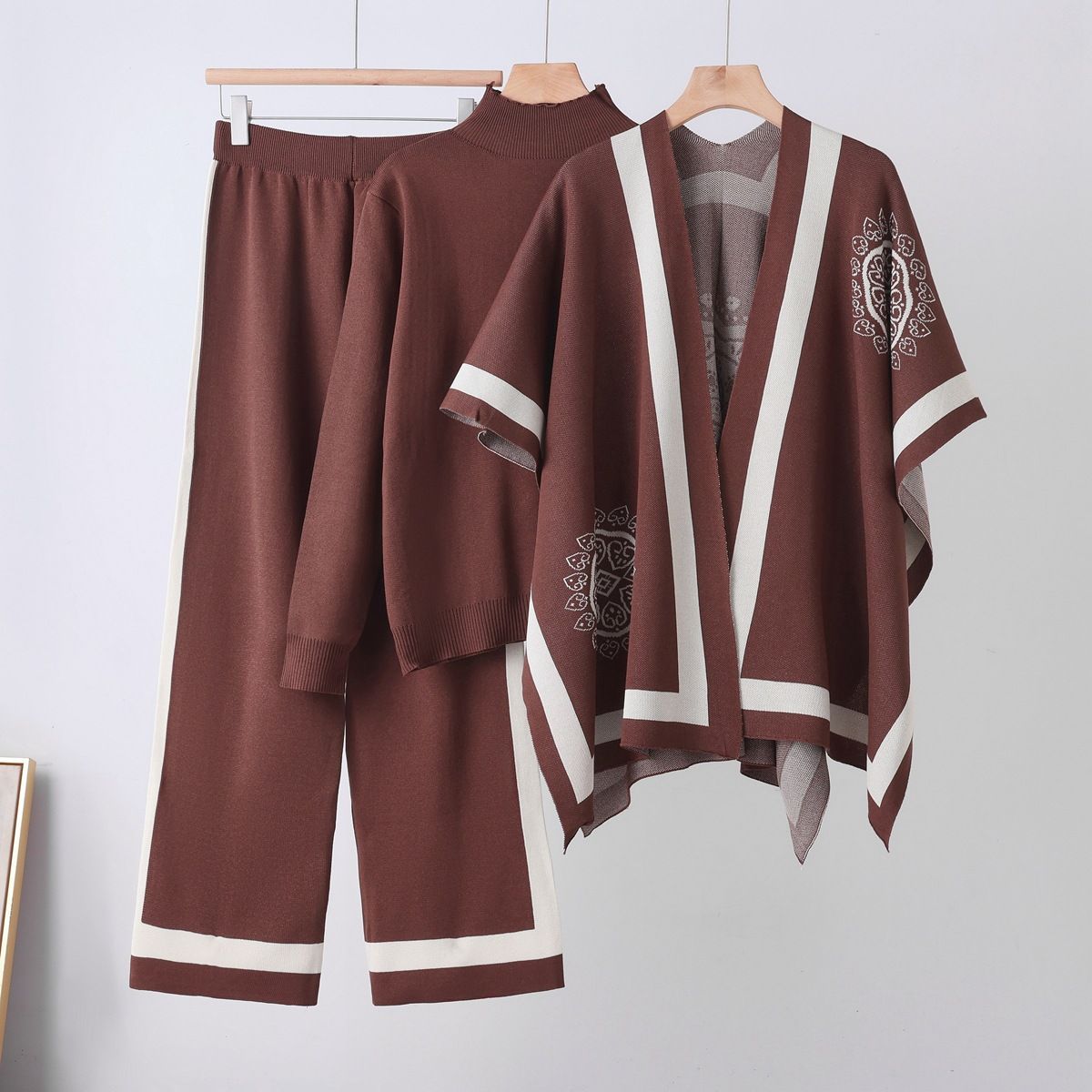 Women's Three Piece Leisure Suit Knitted Sweater Shawl Cape Wide Leg Pants Lazy Style Autumn Winter Fashion Set_ecoleips.com