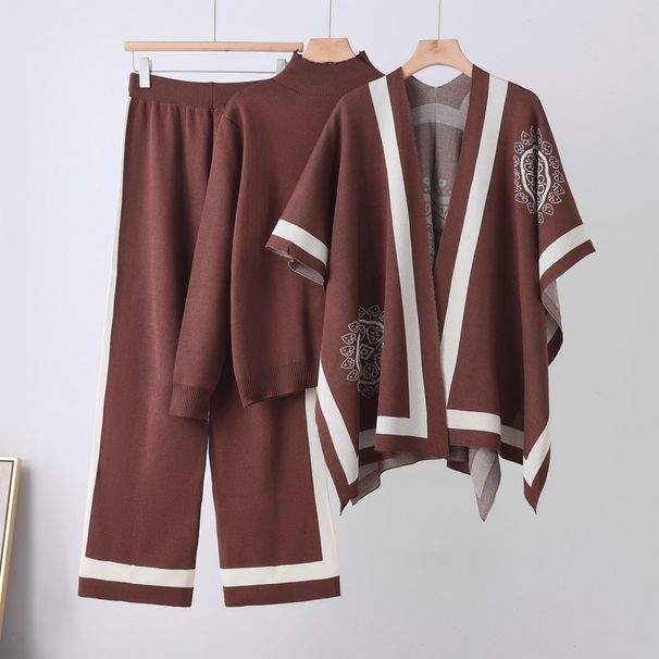 Women's Three Piece Leisure Suit Knitted Sweater Shawl Cape Wide Leg Pants Lazy Style Autumn Winter Fashion Set_ecoleips.com