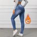 Women's Jeans Are Fashionable Versatile, Stretchy Casual Pants, Simple Slimming, Blue Fleece-lined Denim Trousers For_ecoleips.com