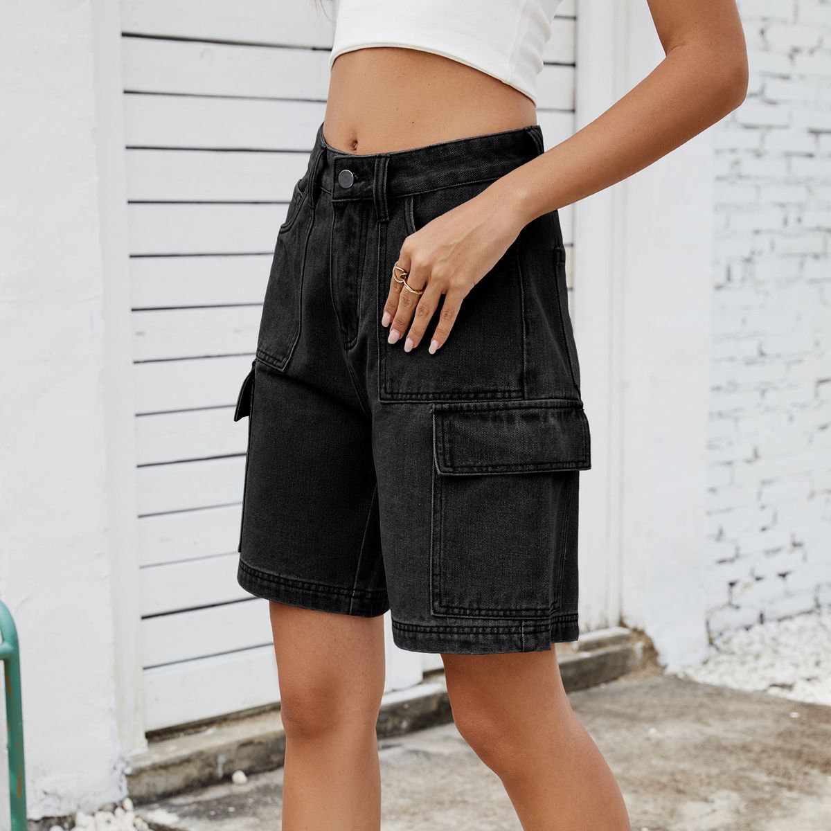 Women's Washed Denim Cargo Shorts Streetwear Mid-Length Summer Shorts Trendy Comfortable Multi-Pocket Design_ecoleips.com