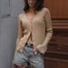 V-Neck Button-Up Cardigan – Ribbed Knit Sweater With Raw Edge & Bell Sleeves (S-L, Khaki/Grey/Black/Red)_ecoleips.com