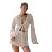 2025 New Solid Color Hollow Out Lace-Up Casual Loose Knitted Cardigan Women's Set Shorts_ecoleips.com