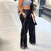 Women's Clothing Autumn/Winter Casual Loose Wide Leg Pants With Rhinestone Pocket Solid Color PU Leather_ecoleips.com