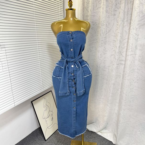 Women's Slim Fitting Denim Dress Tube Top Single Breasted Long Skirt With Raw Edges Double Pockets Lace-Up Hip Wrapped Sexy Summer American Style_ecoleips.com