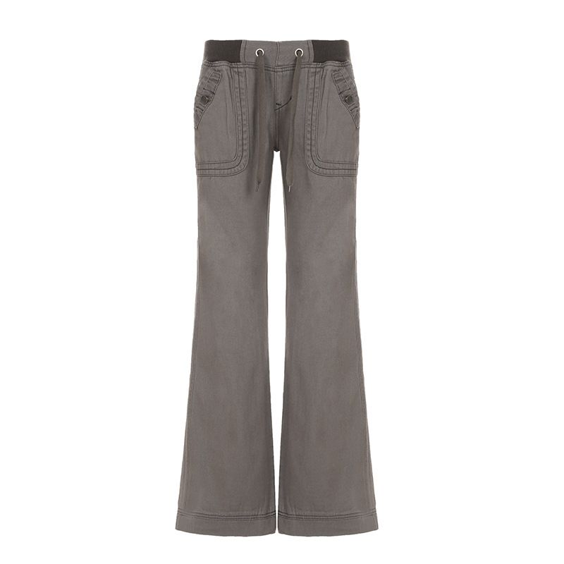 American Street Pocket Hot Girl Straight Leg Workwear Pants Women's Casual Outdoor Tie Low Waist Jeans_ecoleips.com