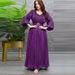 MQ047 Middle Eastern Women's Modest Fashion Muslim Shiny Silk Satin Dress With Metal Belt Dubai Robe_ecoleips.com