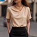 Women's Casual V-Neck Short Sleeve Loose Fit Pullover T-Shirt - Breathable Waffle Knit Fabric(White, Gray, Beige, Pink) - S-XXXL_ecoleips.com
