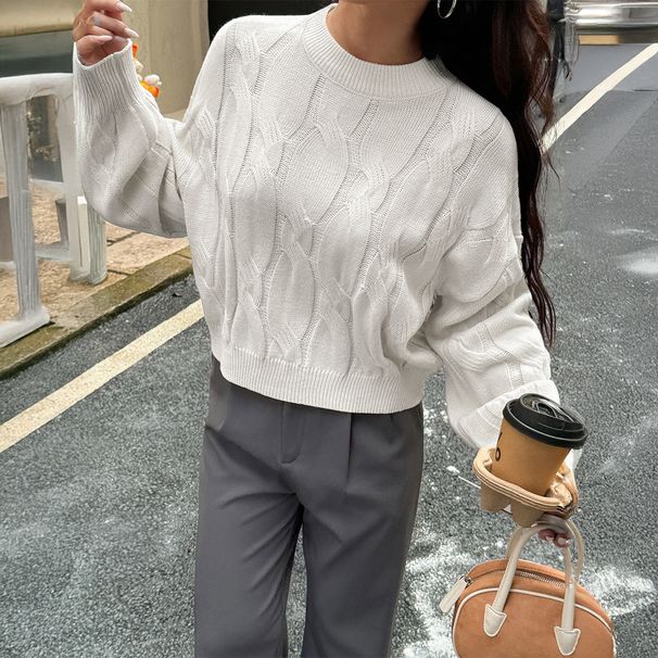 Y2K-Inspired Long Sleeve Knit Sweater – Solid Color Wool-Like Pullover For Women (White/Yellowish/Blue/Light Pink/Apricot)_ecoleips.com