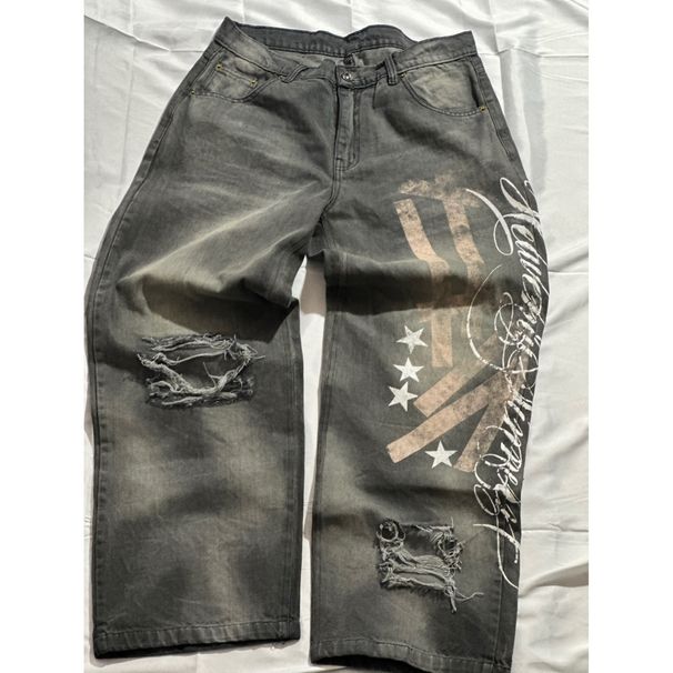 Women's Straight Leg Casual Trousers Loose Fitting Printed Distressed Cropped Jeans Trendy for Export Cross Border Trade Europe And America Wholesale_ecoleips.com
