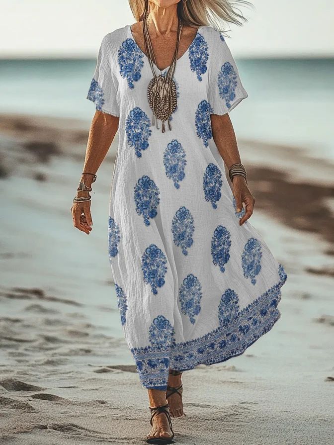 Creative Floral Women's Clothing Summer V-Neck Short-Sleeved Dress Mid-Length Dress_ecoleips.com