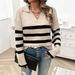 Diyun European And American 2024 Autumn Winter Women's Casual Loose Striped Color-Block Turn-Down_ecoleips.com