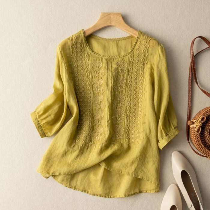 Women's Clothing Summer New Cotton And Linen Mid Sleeve Ladies Shirt Heavy Embroidery Loose Artistic Retro Thin Top White_ecoleips.com
