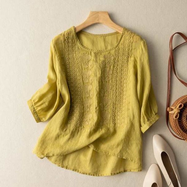 Women's Clothing Summer New Cotton And Linen Mid Sleeve Ladies Shirt Heavy Embroidery Loose Artistic Retro Thin Top White_ecoleips.com
