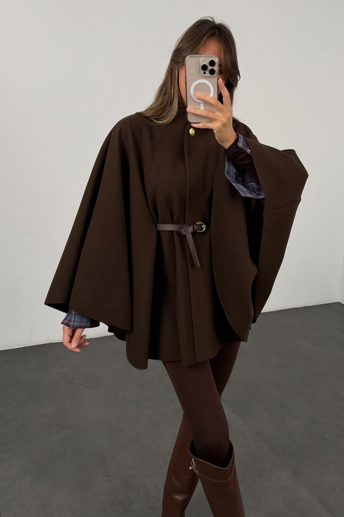 Women's Winter Elegant Style Solid Color Waist Cinching Woolen Cape Coat Mid Length European American_ecoleips.com