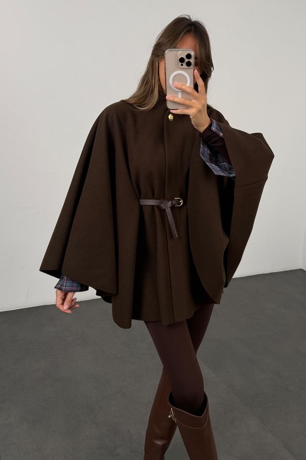 Women's Winter Elegant Style Solid Color Waist Cinching Woolen Cape Coat Mid Length European American_ecoleips.com