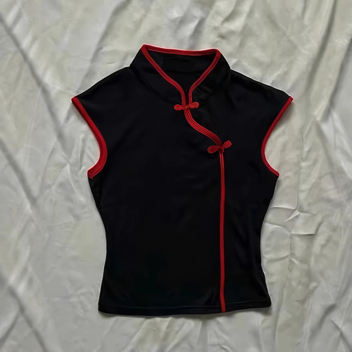 Chinese Style Spicy Short Sleeve Top for Women Retro Color Block Stand Collar Fold Button Cheongsam Black Red Summer Everyday Wear_ecoleips.com