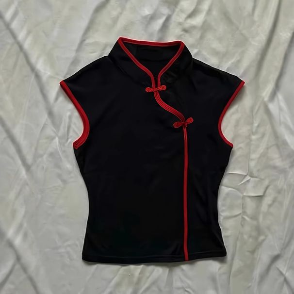 Chinese Style Spicy Short Sleeve Top for Women Retro Color Block Stand Collar Fold Button Cheongsam Black Red Summer Everyday Wear_ecoleips.com