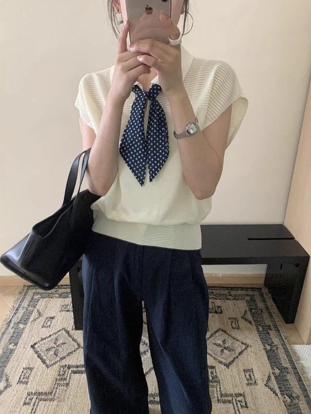 Gray Collared Scarf, Ice Silk Knitted Short-Sleeve T-Shirt Women, New Early Summer Style, Absolutely Beautiful For_ecoleips.com