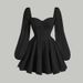 Women's Clothing Summer New Temperament Square Collar High Waist Slim Bubble Sleeve A Short Dress_ecoleips.com