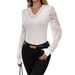 Women's Solid Color V Neck T-Shirt Top Lace Patchwork Rhinestone Lantern Sleeve Style Spring New_ecoleips.com
