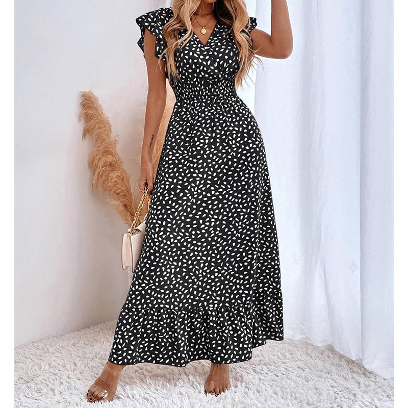 women's spring and summer new V-neck waist long skirt ruffled elegant dress female_ecoleips.com