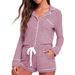 Women's Casual Home Wear Shorts Set Button Down Long Sleeved Comfortable With Pockets Drawstring Detail Autumn Wear_ecoleips.com