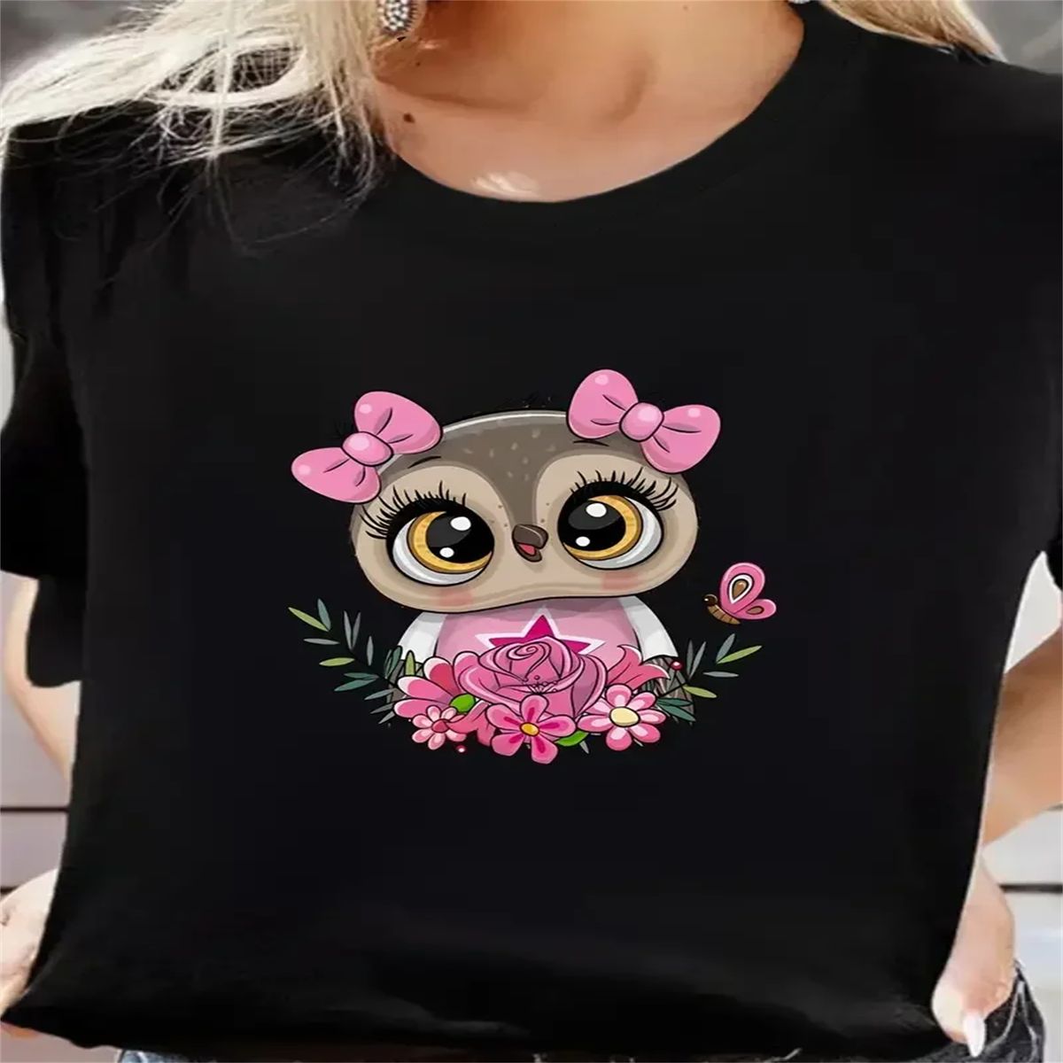 Cute Owl Print Crew Neck TShirt Casual Short Sleeve TShirt For Spring Summer WoWoWomen's Clothing._ecoleips.com