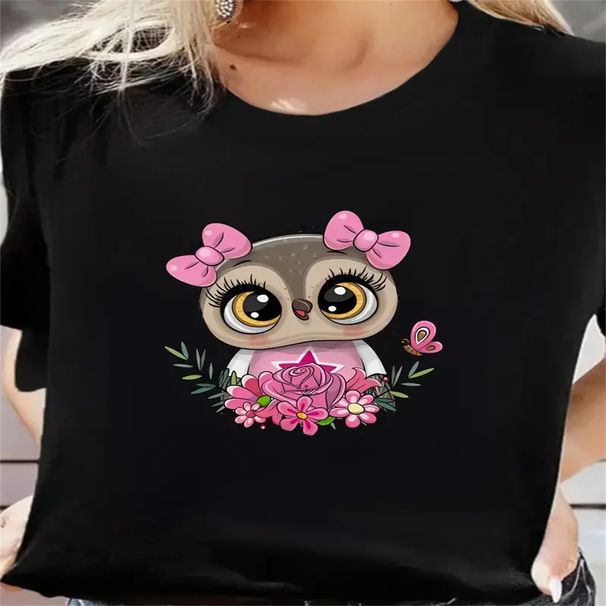 Cute Owl Print Crew Neck TShirt Casual Short Sleeve TShirt For Spring Summer WoWoWomen's Clothing._ecoleips.com
