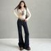 Women's Dark Blue Colorfast Low Rise Flared Jeans Autumn/Winter Style Regular Fit English Fashion Solid Polyester Denim_ecoleips.com