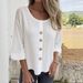 Women's Clothing Elegant Linen Blend Shirt Long Sleeve Round Neck Top Work Casual Breathable Cotton Linen Fabric Relaxed Fit With Patchwork Detail_ecoleips.com
