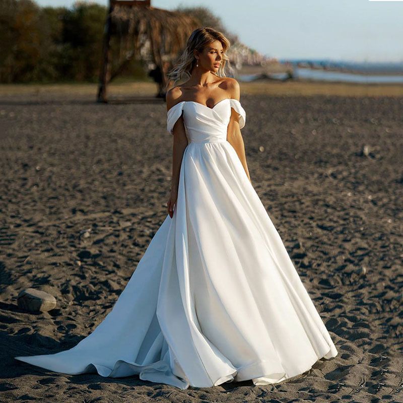 Elegant Off-The-Shoulder Wedding Dress – Boho Bridal Gown With Small Train For Outdoor Ceremony, Forest Photoshoot, And Travel (Plus Size Inclusive)_ecoleips.com