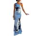 Blue Floral Print One Shoulder Long Dress American Style Elegant Classy Banquet_ecoleips.com