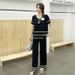 Women's Spring Summer Two Piece Set round Neck Color Block Knit Top Casual Trousers Fashionable Knitwear_ecoleips.com