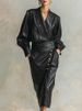 Freeavy Women's PU Leather Long Sleeves Dres V-neck High Waist A-line Pleated Midi Dress 2025 Fall Stylish Trench Coats_ecoleips.com