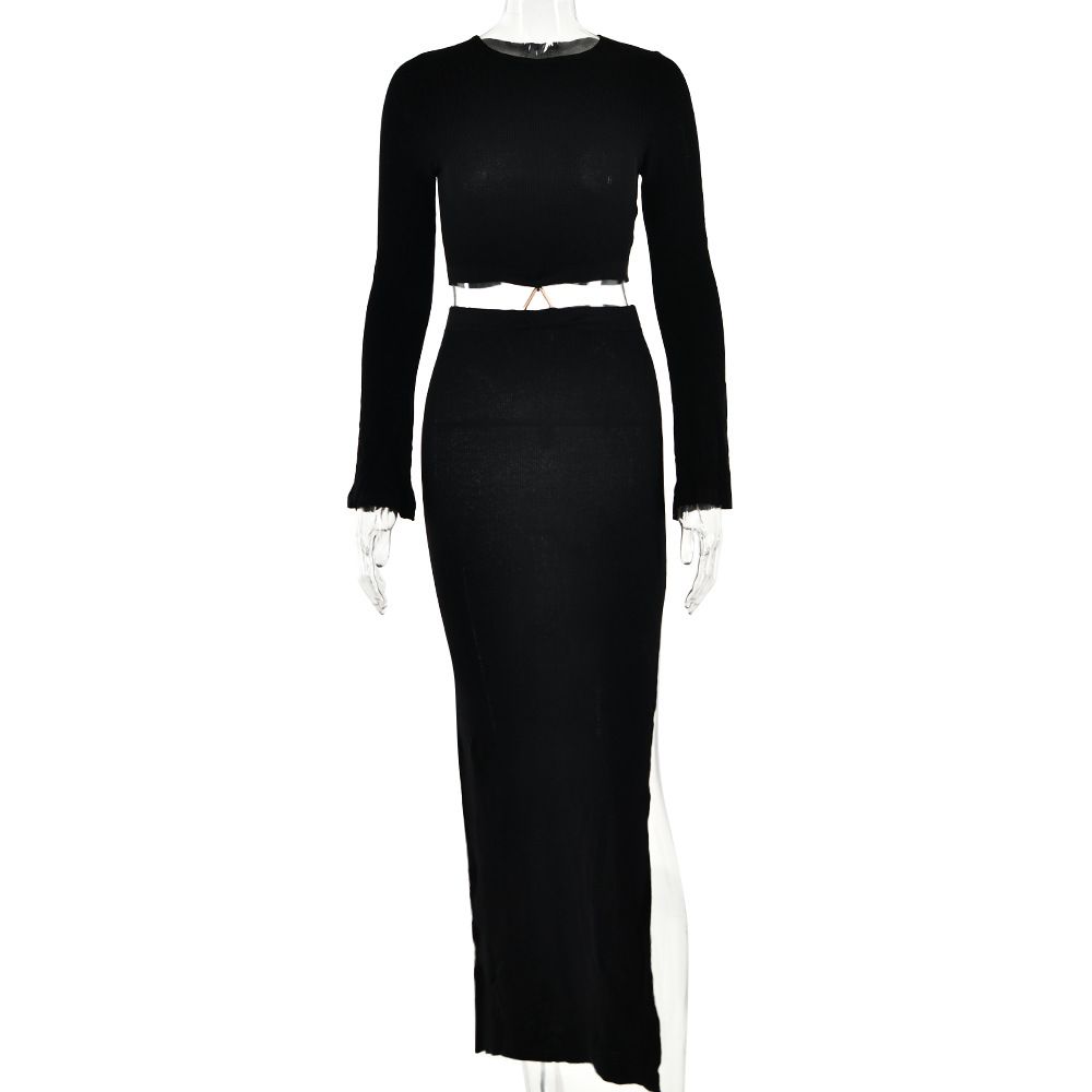 Women Trendy Two‑Piece Maxi Outfit With Crew Neck Knit Top, Waist Cutout Detail & High‑Slit Long Skirt_ecoleips.com