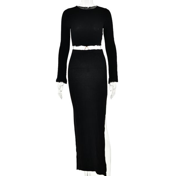 Women Trendy Two‑Piece Maxi Outfit With Crew Neck Knit Top, Waist Cutout Detail & High‑Slit Long Skirt_ecoleips.com