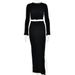 Women Trendy Two‑Piece Maxi Outfit With Crew Neck Knit Top, Waist Cutout Detail & High‑Slit Long Skirt_ecoleips.com