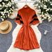Women's Clothing College Style Striped Short Sleeved Dress In Summer With Lapel And Drawstring Waist, Slim Temperament And Petite Mid Length Skirt_ecoleips.com