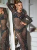 Tossy Glitter Female Cover Up Maxi Dress Mesh See-Through Split Fashion Long Sleeve Slim Sexy Beach Cover Up Dress For Women New_ecoleips.com