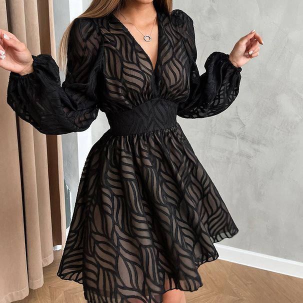 Women's Clothing Simple Temperament Jacquard Waist Dress For Women Spring New Design V Neck Lantern Sleeve A Line Skirt_ecoleips.com