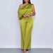 Women's Satin Lounge Set Asymmetrical Short Sleeve Top Wide-Leg Pants Rose Pink Sage Green Lavender S-3xl_ecoleips.com