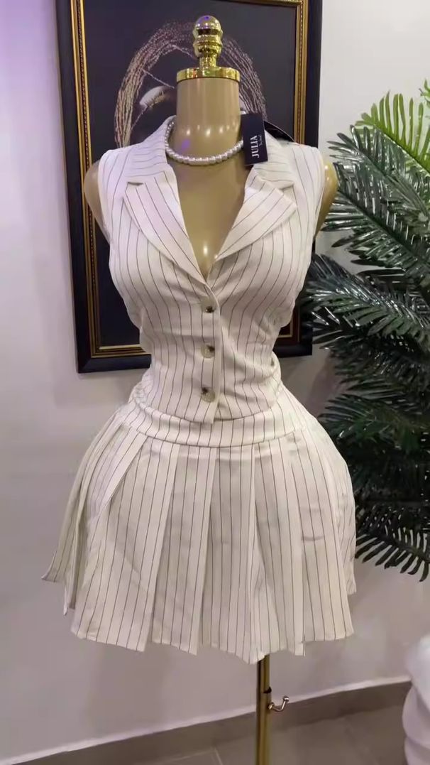 Women's Clothing Summer Striped Lapel Sleeveless Suit Vest And Pleated Skirt Set American Style Fashion Pant Ensemble_ecoleips.com