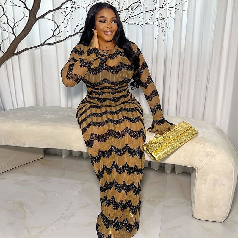 Women's Clothing Summer New Temperament Round Neck Printed Long-sleeved Hip-wrapped Long-sleeved Dress_ecoleips.com