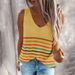 2024 New Women's Sweater Knit Vest T-Shirt, European And American Style, Multi-Color Striped V-Neck Pullover Top_ecoleips.com