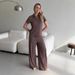 Women's Slimming Collar Pullover Top With Wide Leg Trousers Knit Fashion Set Solid Color Short Sleeve Sportswear_ecoleips.com