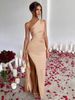 Sexy Satin Dress for Women Shoulder Gathered Slit Slim Fit Summer Temperament Gown_ecoleips.com