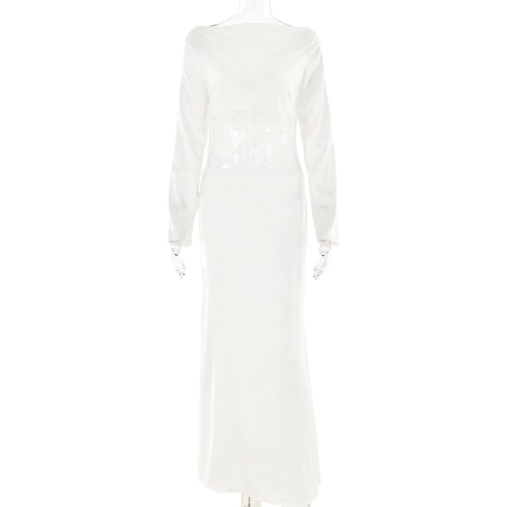 Solid Color Cowl Neck Open Back Long Sleeve Maxi Dress Women Elegant Hot Girl Casual Slim Long Dress_ecoleips.com